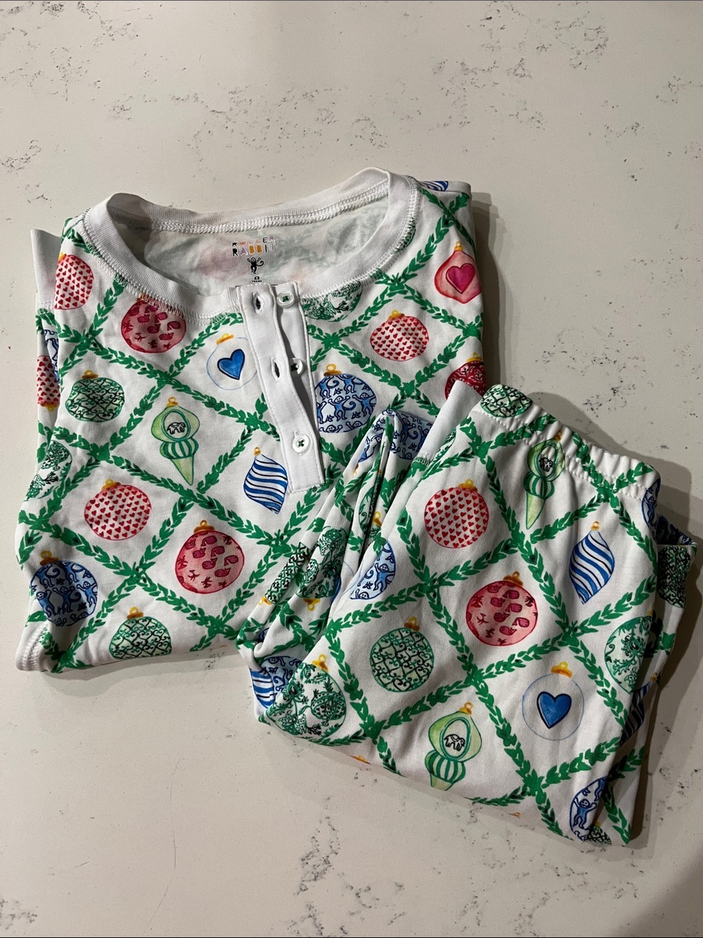 Roller Rabbit White Kids Pajama Set with Green Lattice and Multicolor Ornaments